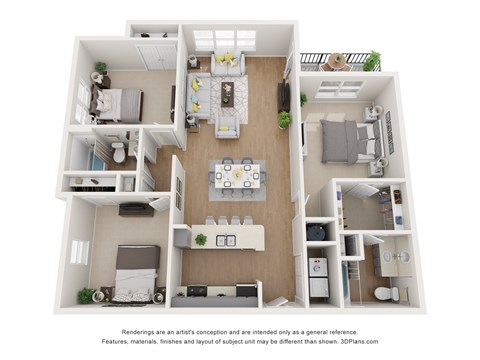 Floor plan for 3 beds, 2 baths, 1283 sqft
